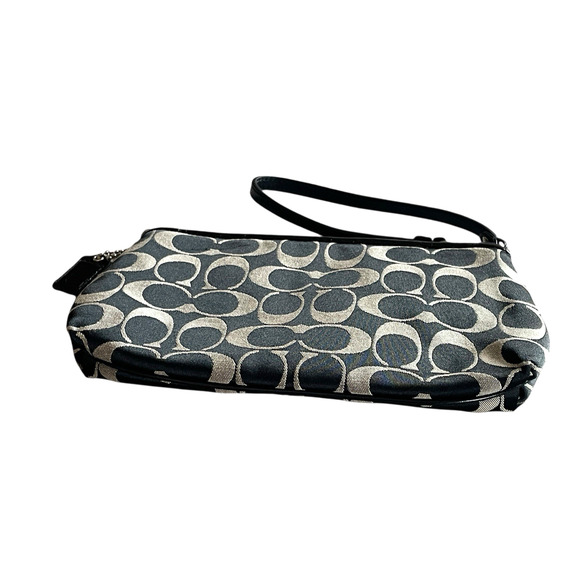 COACH Signature Black Leather Pleated Canvas Top Zip Wristlet Bag Logo Hang Tag - Picture 7 of 10